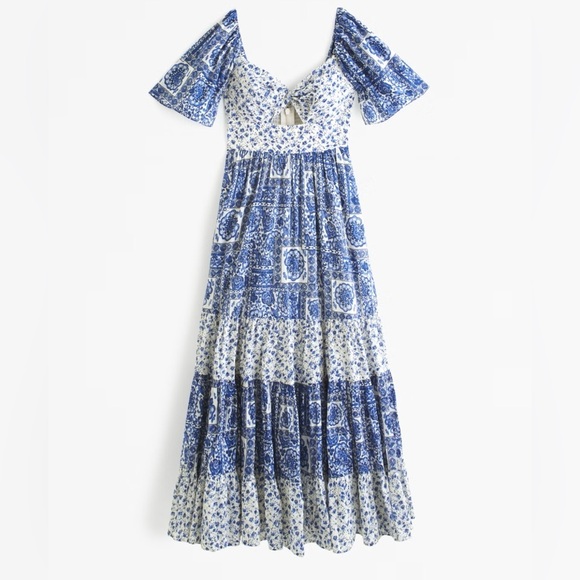 New! Abercrombie & Fitch twist tied blue print tiered maxi dress 37552.